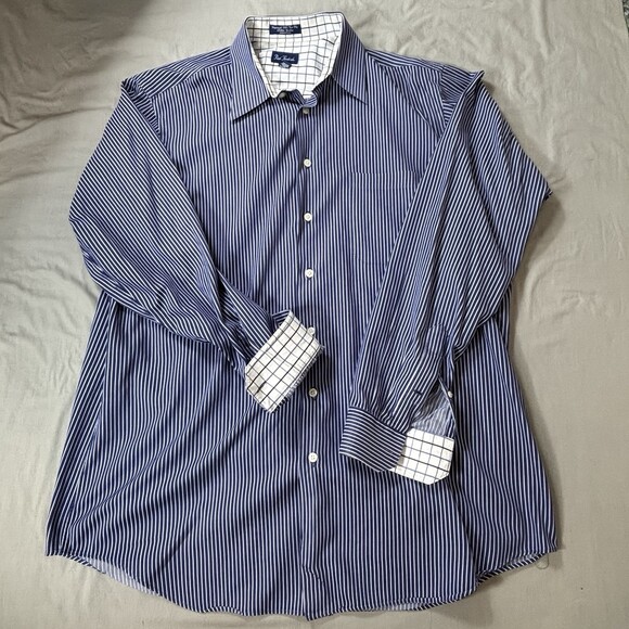 Paul Fredrick Other - Paul Fredrick Dress Shirt Mens 16.5-37  White Blue Cotton Casual Fast Shipping